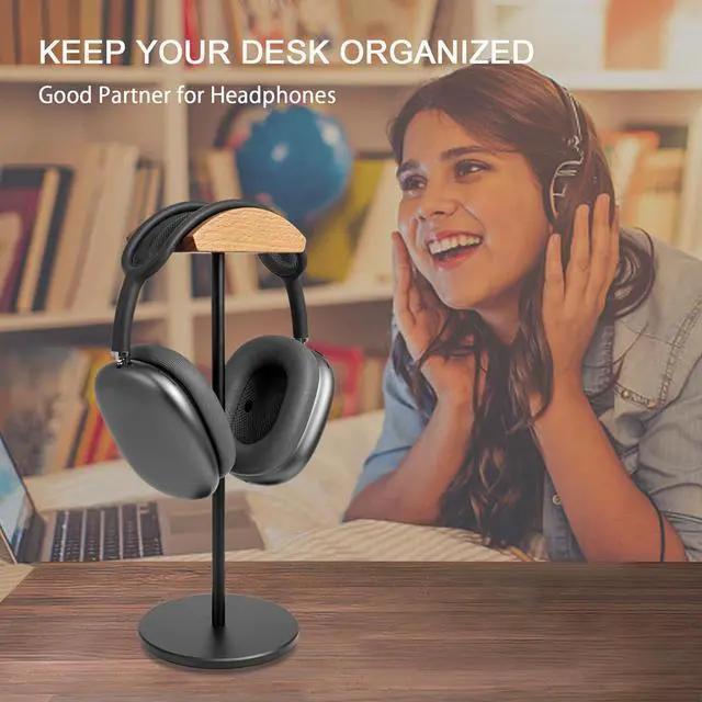 Alt view image 7 of 7 - Headphone Stand for Desk - Gaming Headset Stand with Wooden Support Plate, Headset Holder with Aluminum Alloy Support Rod