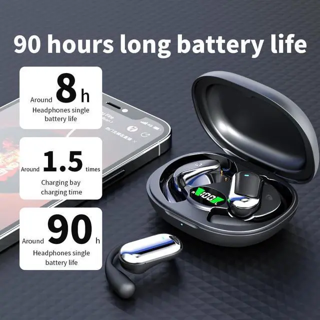 Alt view image 3 of 6 - JIECAN Open Ear Headphones Bluetooth V5.3 Wireless Earbuds with Earhooks with Digital Display Charging Case, Conduction Headphones with Mic Waterproof Sport Earbuds for Running (Black)