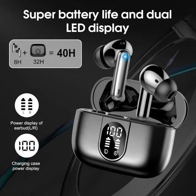 Alt view image 3 of 7 - Wireless Earbuds Bluetooth 5.3 Headphones, 40H Playtime in-Ear Earphones, Mini Bluetooth Earbuds with ENC Noise Cancelling Mic, Deep Bass Stereo Ear Buds, LED Display, IPX7 Waterproof Earphones
