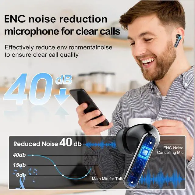 Alt view image 4 of 7 - Wireless Earbuds Bluetooth 5.3 Headphones, 40H Playtime in-Ear Earphones, Mini Bluetooth Earbuds with ENC Noise Cancelling Mic, Deep Bass Stereo Ear Buds, LED Display, IPX7 Waterproof Earphones