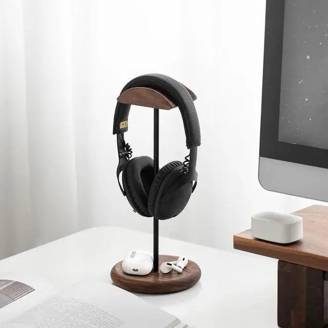 Alt view image 3 of 7 - muso wood Walnut Wood & Aluminum Headset Stand, Desktop Headphone Stand, Headset Holder with Anti-Slip Pad, Headphone Holder with Storage Base for Most Gaming Music Headsets