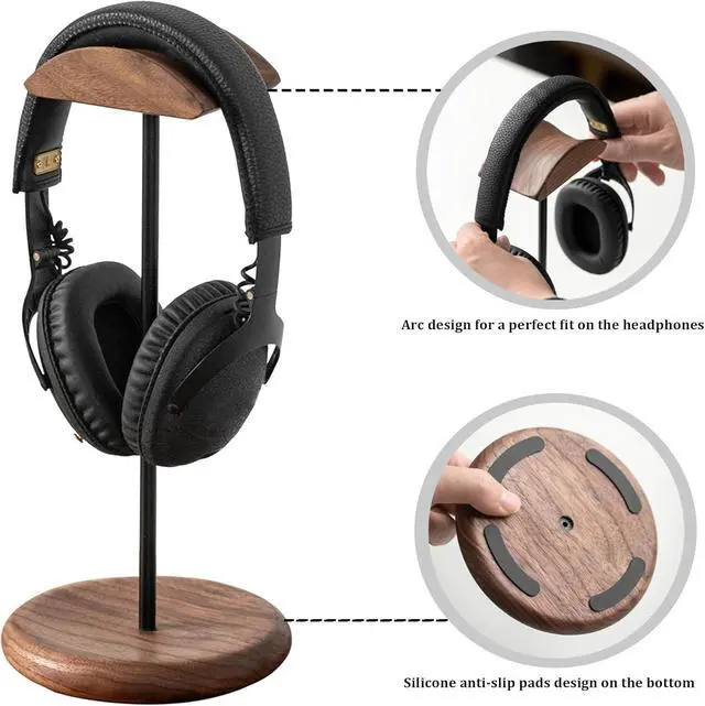 Alt view image 4 of 7 - muso wood Walnut Wood & Aluminum Headset Stand, Desktop Headphone Stand, Headset Holder with Anti-Slip Pad, Headphone Holder with Storage Base for Most Gaming Music Headsets