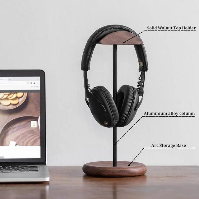 Alt view image 5 of 7 - muso wood Walnut Wood & Aluminum Headset Stand, Desktop Headphone Stand, Headset Holder with Anti-Slip Pad, Headphone Holder with Storage Base for Most Gaming Music Headsets