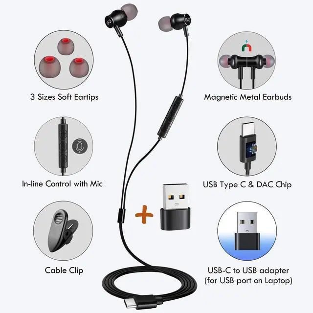 Alt view image 7 of 7 - USB-C Earbuds, USB Headphones, Compatible with Samsung Google OnePlus iPhone 15 16 Smartphones, with USB Adapter for Laptop PC, Mac, Advanced DAC Sound Card, Clear Mic, Deep Bass, Magnetic Shell