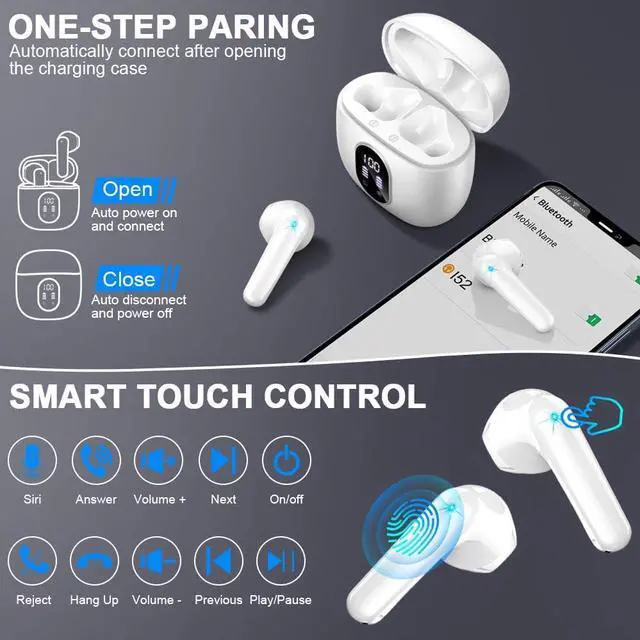 Alt view image 5 of 7 - Wireless Earbuds, Bluetooth 5.4 Headphones 50H Playback Bass Stereo Ear Buds with 4 ENC Cancelling Mics, Bluetooth Earbuds Dual LED Display IP7 Waterproof in-Ear Earphones USB-C for Android iOS White