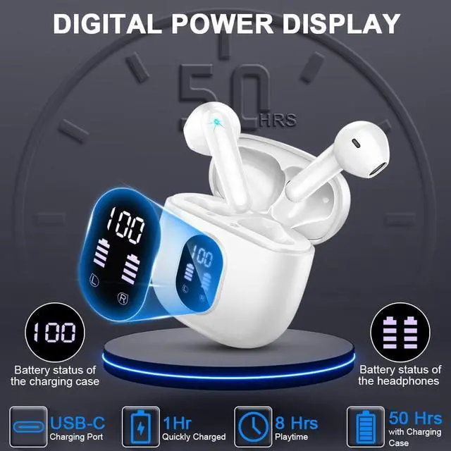Alt view image 6 of 7 - Wireless Earbuds, Bluetooth 5.4 Headphones 50H Playback Bass Stereo Ear Buds with 4 ENC Cancelling Mics, Bluetooth Earbuds Dual LED Display IP7 Waterproof in-Ear Earphones USB-C for Android iOS White