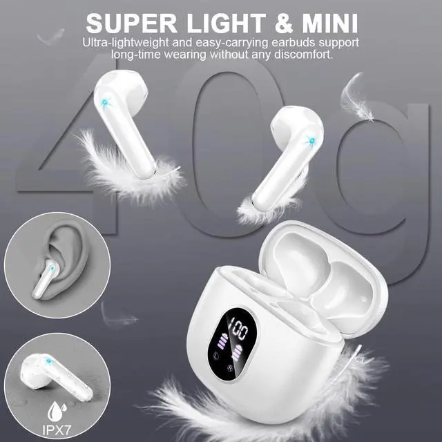Alt view image 7 of 7 - Wireless Earbuds, Bluetooth 5.4 Headphones 50H Playback Bass Stereo Ear Buds with 4 ENC Cancelling Mics, Bluetooth Earbuds Dual LED Display IP7 Waterproof in-Ear Earphones USB-C for Android iOS White