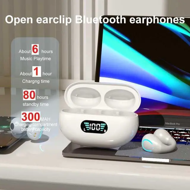 Alt view image 4 of 6 - Obbug Clip-On Open Ear Headphones Wireless Bluetooth 5.3 Earbuds with Earhooks 80 Hours Playtime with Charging Case,IPX4 Waterproof Earphones for Running, Walking, Workout (White)