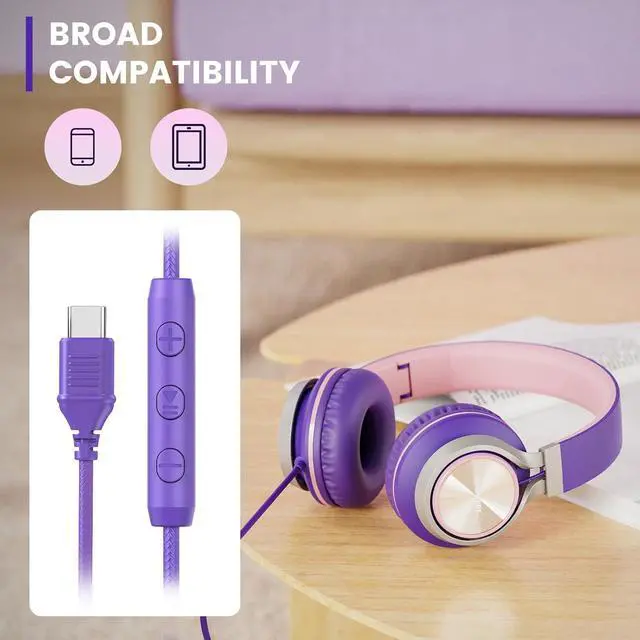 Alt view image 3 of 7 - INFURTURE USB C Headphones with Mic,Volume Control,Tangle-Free Plaiting Line,Wired Headphones Type c,Lightweight Foldable for iPhone 16/15 Headphone Series/Tablet/School/Travel/Sports/Audiobooks
