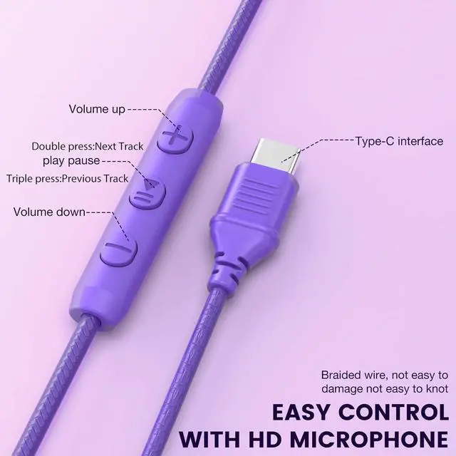 Alt view image 6 of 7 - INFURTURE USB C Headphones with Mic,Volume Control,Tangle-Free Plaiting Line,Wired Headphones Type c,Lightweight Foldable for iPhone 16/15 Headphone Series/Tablet/School/Travel/Sports/Audiobooks