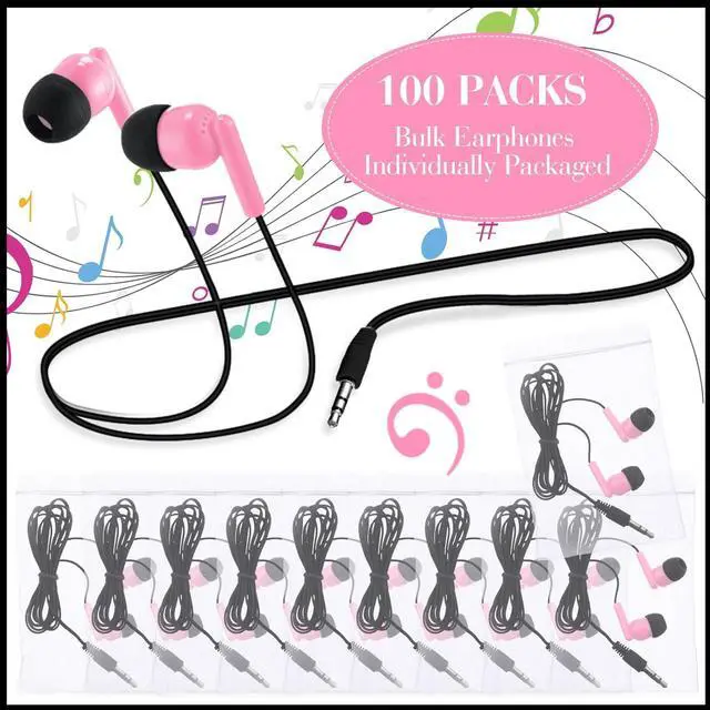 Alt view image 2 of 7 - Kanayu 100 Pack Wired Earbuds Bulk for Classroom Ear Headphones Wired Basic Student Earbuds No Microphone with 3.5MM Jack for Kids Class Laptop School Library, Individually Bagged(Pink)