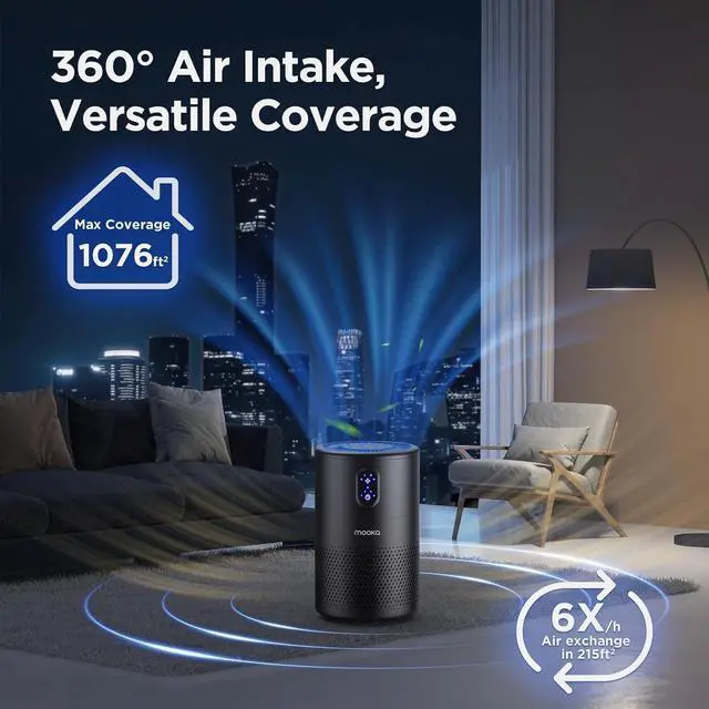 Alt view image 2 of 6 - MOOKA Air Purifiers for Home Large Room up to 1076 ft², H13 True HEPA Air Filter Cleaner, Odor Eliminator, Remove Smoke Dust Pollen Pet Dander, Night Light(Available for California)-Black