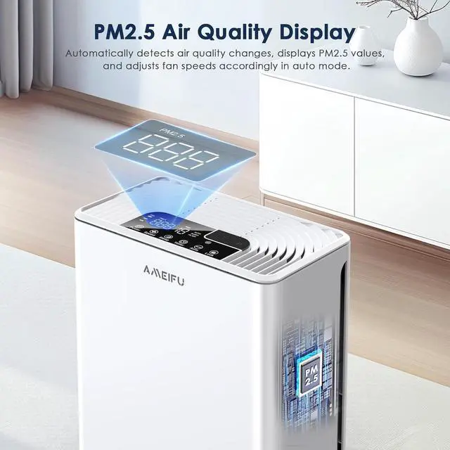 Alt view image 7 of 7 - AMEIFU Air Purifiers for Home Large Room up to 2300sq.ft, H13 True Hepa Air Purifiers for Pets Hair, Dander, Smoke, Pollen, 3 Fan Speeds, 5 Timer Air Cleaner