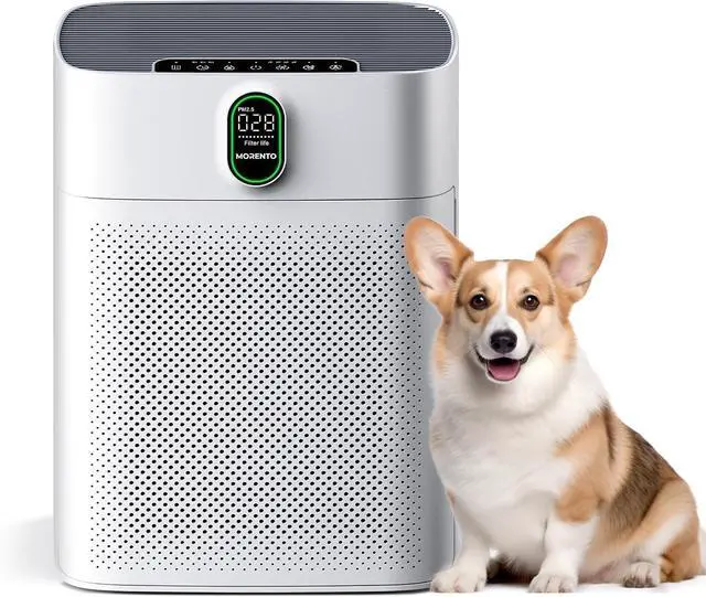 Main image of MORENTO Air Purifiers for Home Large Room up to 1076 Sq Ft with PM 2.5 Display Air Quality Sensor for Pet Hair, Double-Sided Air Inlet, 24db, White, 1 Pack + 2 Pack Filters