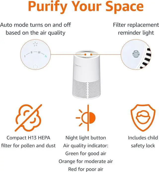 Alt view image 3 of 6 - Basics Air Purifier for Home and Office, With 3-Stage Filtration, HEPA Filter With Activated Carbon, 3 Speeds, Timer, Sleep Mode (32db), Energy Star Certificate, Covers Up to 1067 Sq ft, White