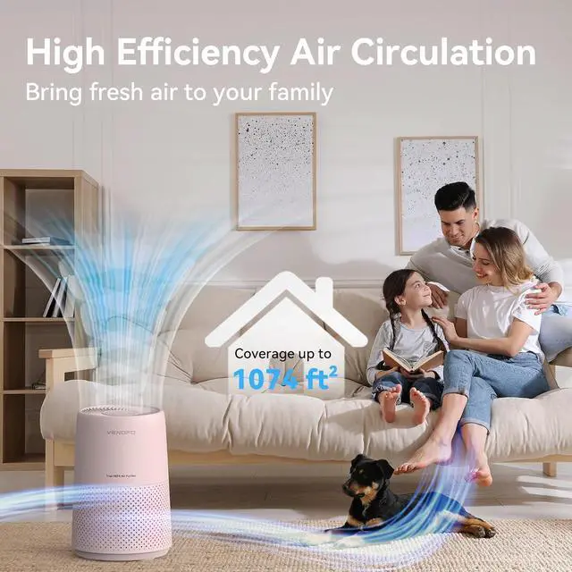 Alt view image 6 of 7 - Air Purifiers for Bedroom, H13 HEPA Air Purifiers - Covers Up to 1074 ft² - 24dB Ultra-Quiet Sleep Mode, 360° Outlet Air Cleaner , Perfect for Home, Pets (Cream Pink)