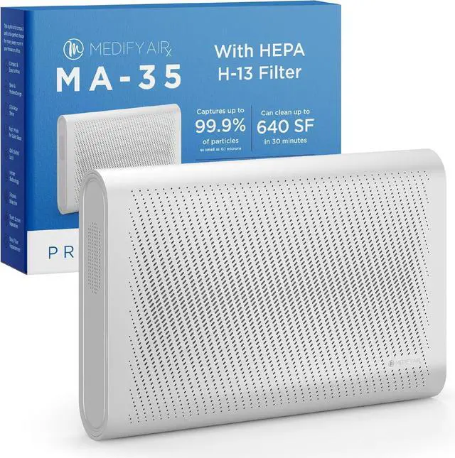 Main image of Medify MA-35 Air Purifier with True HEPA H13 Filter | 1,280 ft² Coverage in 1hr for Allergens, Smoke, Wildfires, Odors, Pollen, Pet Dander | Removal to 0.1 Microns | Silver, 1-Pack