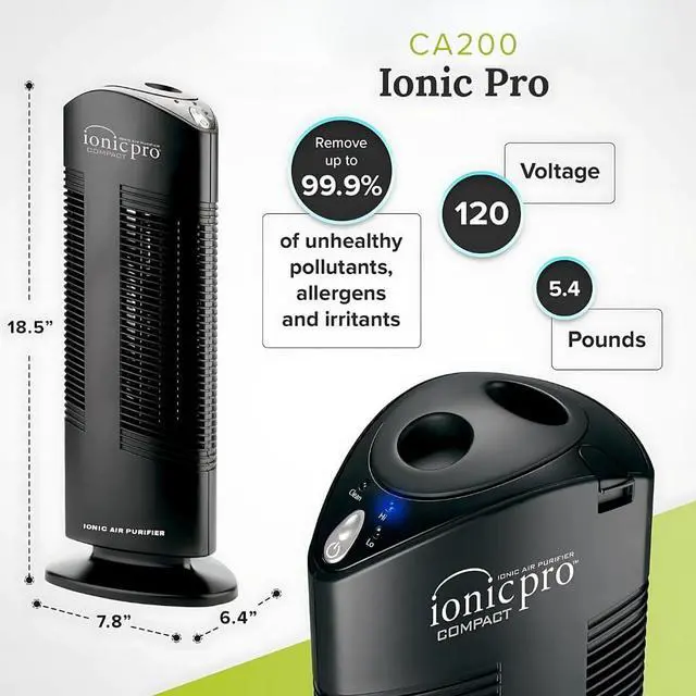 Alt view image 3 of 3 - Ionic Pro Compact (CA200) Ionic Air Purifier Tower for Home, Quiet Ionic Filterless Design, Covers Up to 200 Sq. Ft., Removes Odors, Smoke, Dust, and Allergens  Black