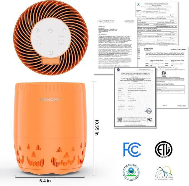Alt view image 7 of 7 - Air Purifiers for Home Bedroom up to 1076ft², True HEPA Air Filters Dust Pets Smoke Hair, 3 Fan Speeds Quiet, Timer Settings, Rechargeable Air Cleaner Office, Bedroom, Pets, Car(Orange)