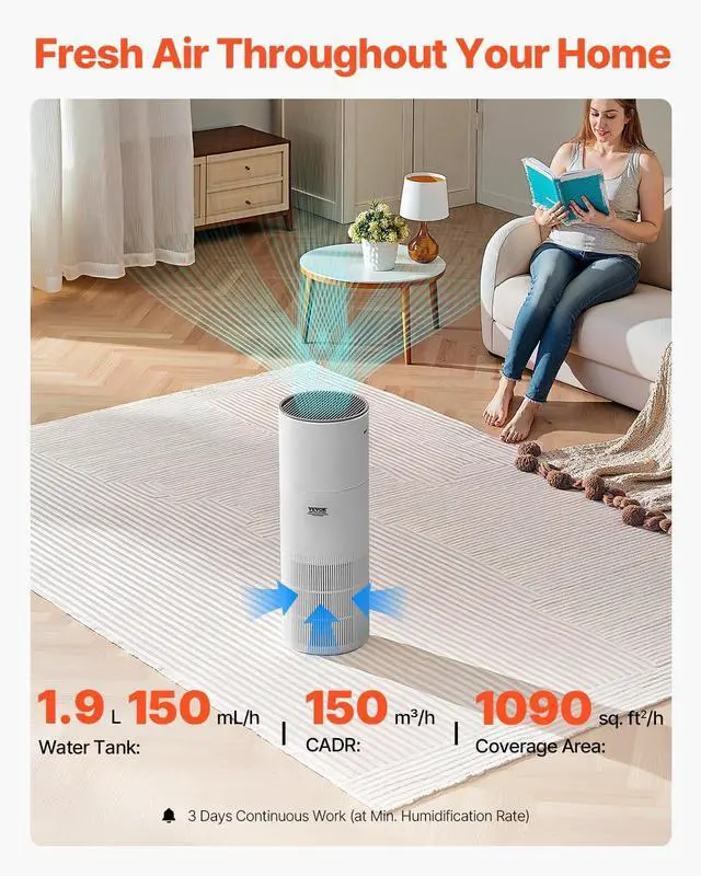 Alt view image 2 of 7 - VEVOR 2 in 1 Air Purifier with Humidifier, Covers Up to 1090 ft² in One Hour, True HEPA 11 Filter, 22dB Quiet, Filters Up to 95% of Smoke, Dust, Pet Dander, Air Cleaner for Home, Large Room, Bedroom