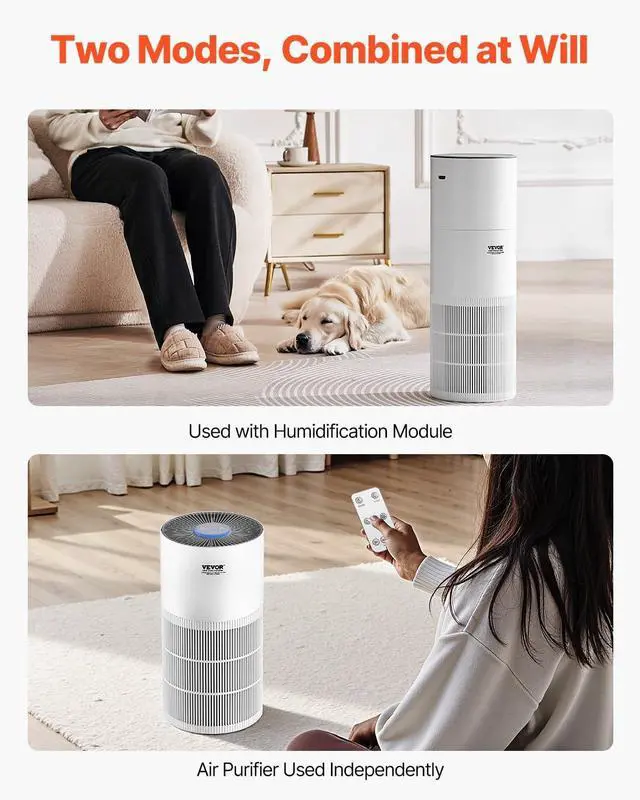 Alt view image 5 of 7 - VEVOR 2 in 1 Air Purifier with Humidifier, Covers Up to 1090 ft² in One Hour, True HEPA 11 Filter, 22dB Quiet, Filters Up to 95% of Smoke, Dust, Pet Dander, Air Cleaner for Home, Large Room, Bedroom