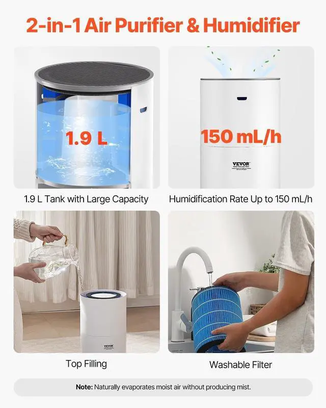 Alt view image 6 of 7 - VEVOR 2 in 1 Air Purifier with Humidifier, Covers Up to 1090 ft² in One Hour, True HEPA 11 Filter, 22dB Quiet, Filters Up to 95% of Smoke, Dust, Pet Dander, Air Cleaner for Home, Large Room, Bedroom