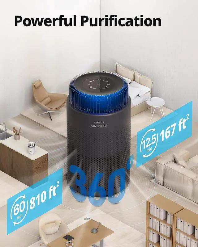 Alt view image 3 of 7 - COWAY Air Purifiers for Bedroom Home up to 810 ft², True HEPA Filter for Smoke, Allergies, Pet Dander, Odor, AQI Monitor, Auto&Sleep Mode, Timer, Filter Indicator, Night Light, 3yr Warranty, 100 Black