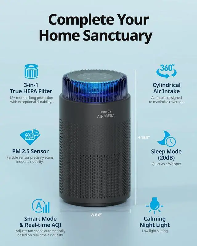 Alt view image 2 of 7 - COWAY Air Purifiers for Bedroom Home up to 810 ft², True HEPA Filter for Smoke, Allergies, Pet Dander, Odor, AQI Monitor, Auto&Sleep Mode, Timer, Filter Indicator, Night Light, 3yr Warranty, 100 Black