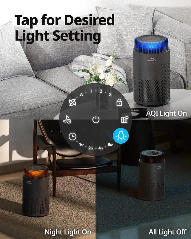 Alt view image 6 of 7 - COWAY Air Purifiers for Bedroom Home up to 810 ft², True HEPA Filter for Smoke, Allergies, Pet Dander, Odor, AQI Monitor, Auto&Sleep Mode, Timer, Filter Indicator, Night Light, 3yr Warranty, 100 Black