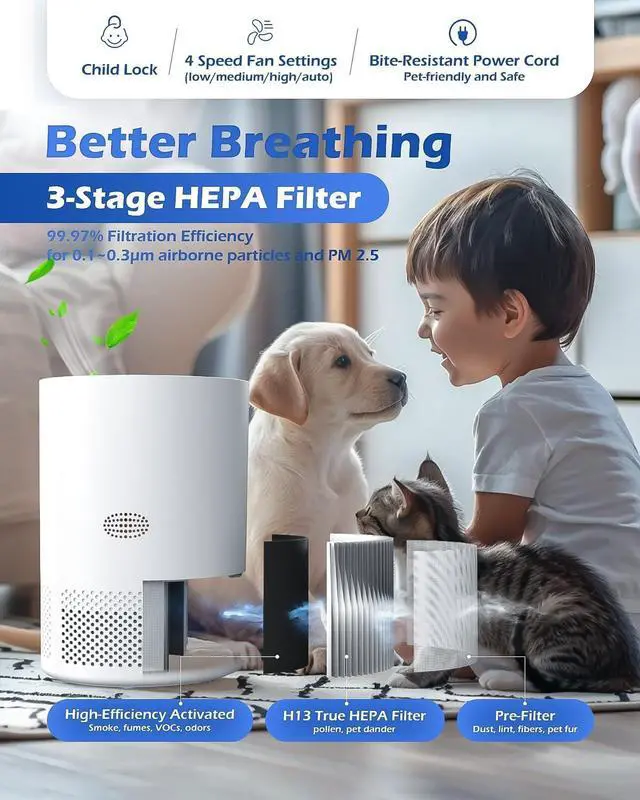 Alt view image 3 of 6 - Firehawk Air Purifier for Home Large Room 2300 ft², H13 HEPA Filter, PM 2.5 Wildfire Sensor, 20dB Quiet Sleep Mode Bedroom Office, Cleaner 99.97% Dust Smoke Pollen Pets Hair, Smart WiFi