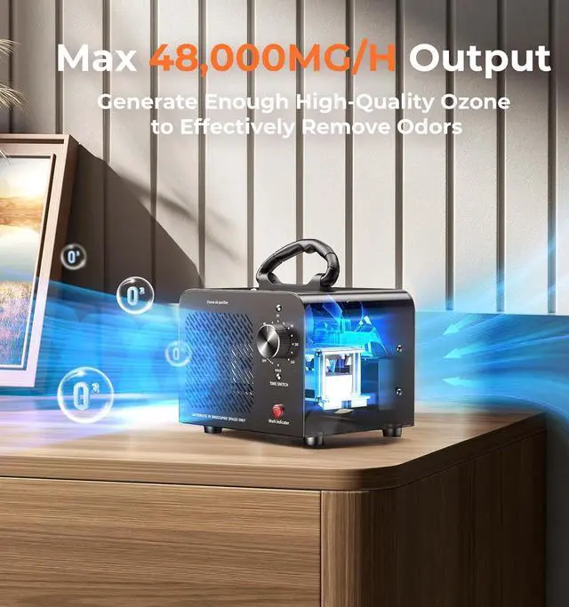 Alt view image 3 of 7 - Ozone Generator 48,000mg, Commercial Ozone Machine Odor Removal, High Capacity O3 Ionizer Air Purifier Deodorizer, Portable Mini for Car, Home, Smoke, Pets, Industrial, for 4000 Square Feet -Black