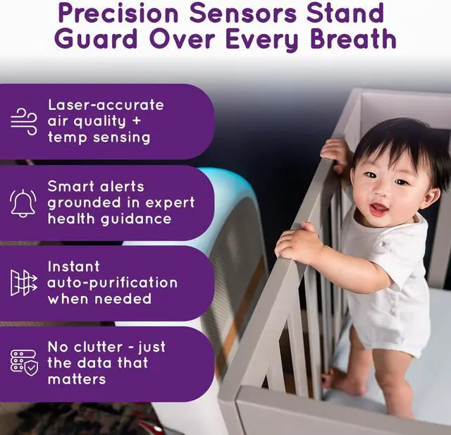 Alt view image 4 of 7 - Air Purifier for Baby | Proprietary Safe-Sleep Design | Medical-Grade HEPA Filtration | Laser-Accurate Air Quality & Temp Sensors | Smart Parent-Approved Features