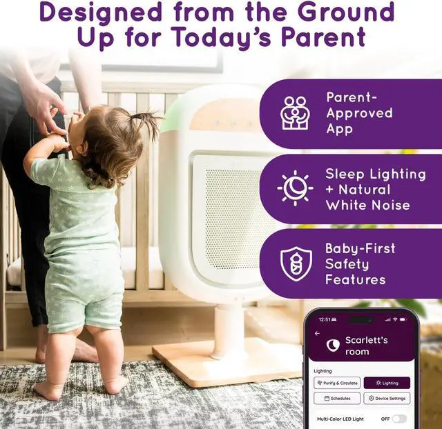 Alt view image 5 of 7 - Air Purifier for Baby | Proprietary Safe-Sleep Design | Medical-Grade HEPA Filtration | Laser-Accurate Air Quality & Temp Sensors | Smart Parent-Approved Features
