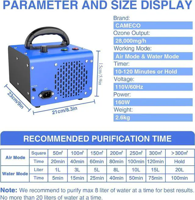 Alt view image 2 of 7 - CAMECO Ozone Generator with Air & Water Modes 28,000mg/h, O3 Ozone Machine Ionizer Air Purifier, Commercial & Industrial Deodorizer for Water, Home, Cars, Office, Basement, Garage, Pets, Smoke