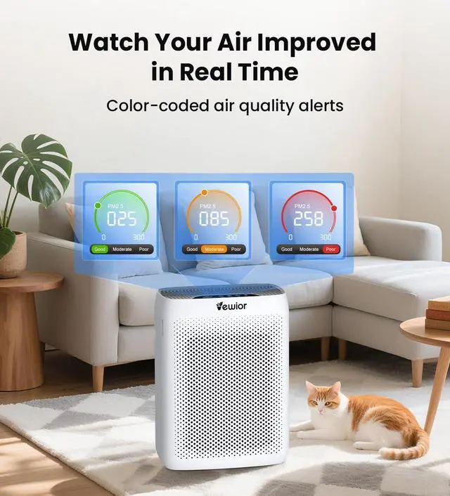 Alt view image 5 of 7 - VEWIOR Air Purifiers for Home Large Room Up to 3000Sq.ft, H13 HEPA Filter Air Purifier for Bedroom with PM2.5 Display Air Quality Sensor, Sleep Mode, Timer, Air Cleaner for Smoker