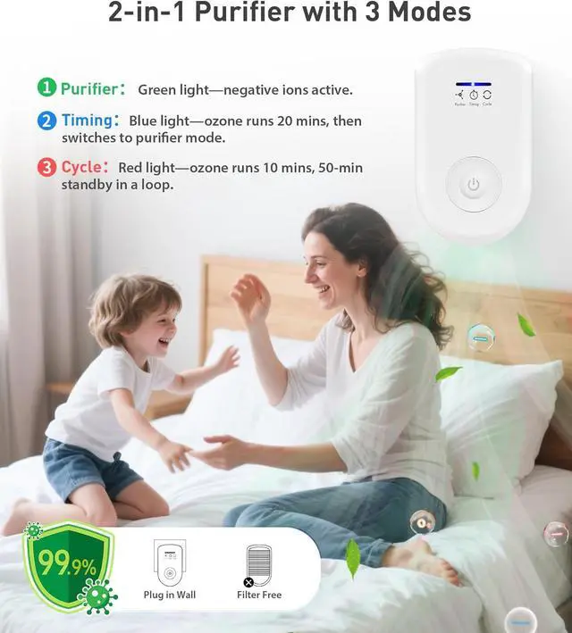 Alt view image 4 of 6 - 2 Pack Air Purifiers Plug In Wall for Home, Ozone Odor Eliminator Air Ionizer with Negative Ions for Strong Odors, Pet Deodorizer for Dog Cat and Smoke Smell in Small Room Bedroom Bathroom Kitchen