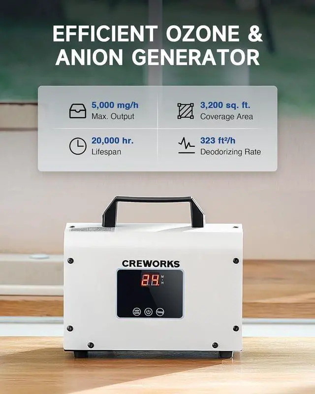 Alt view image 3 of 7 - CREWORKS Digital Ozone Generator, 5000 mg/h High Capacity Ozone Machine for Car Home Smoke Pet Odor Removal, Commercial Ozone Odor Eliminator Air Purifier with Adjustable Settings for 3200 sq ft Room