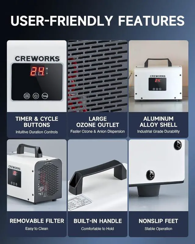 Alt view image 4 of 7 - CREWORKS Digital Ozone Generator, 5000 mg/h High Capacity Ozone Machine for Car Home Smoke Pet Odor Removal, Commercial Ozone Odor Eliminator Air Purifier with Adjustable Settings for 3200 sq ft Room