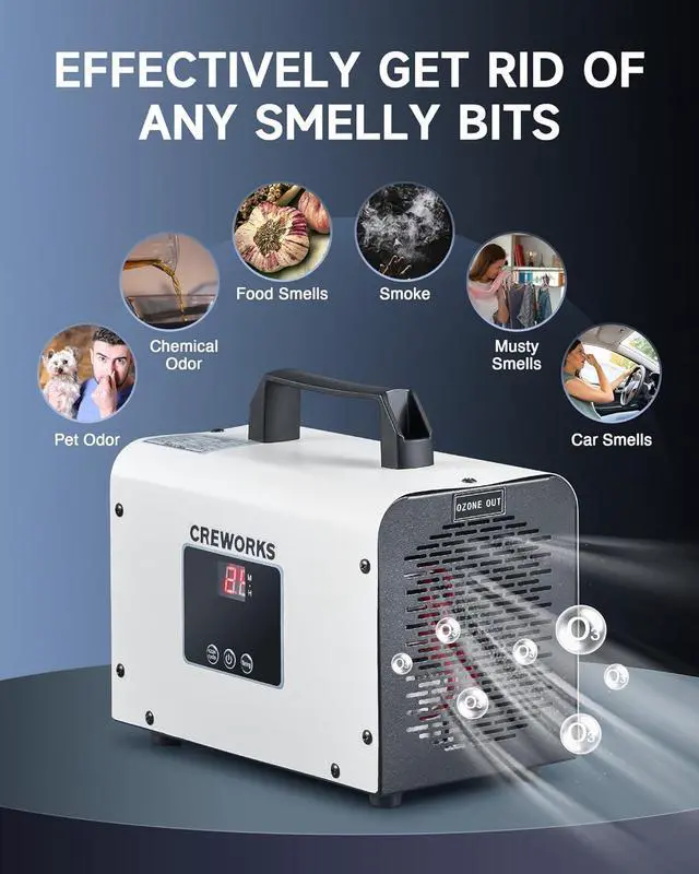 Alt view image 7 of 7 - CREWORKS Digital Ozone Generator, 5000 mg/h High Capacity Ozone Machine for Car Home Smoke Pet Odor Removal, Commercial Ozone Odor Eliminator Air Purifier with Adjustable Settings for 3200 sq ft Room