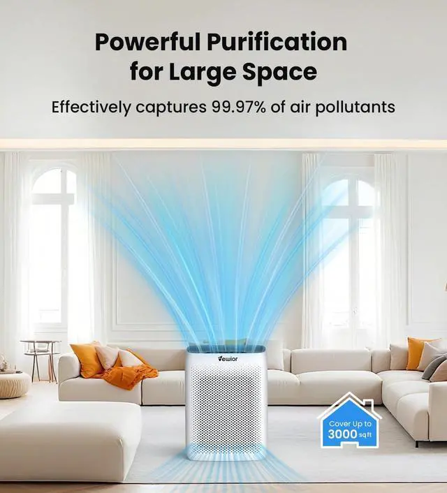 Alt view image 4 of 7 - VEWIOR Air Purifiers for Home Large Room Up to 3000Sq.ft, H13 HEPA Filter Air Purifier for Bedroom with PM2.5 Display Air Quality Sensor, Sleep Mode, Timer, Air Cleaner for Smoker