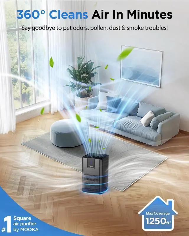 Alt view image 2 of 7 - Air Purifiers for Home Large Room Up to 1250 Ft²,MOOKA H13 HEPA Air Purifier for Pets Dust Odor Smoke,Aromatherapy Function,Air Cleaner with 15dB Quiet Sleep Mode for Bedroom Office Living Room,Black