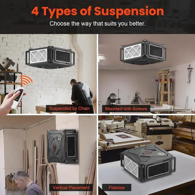 Alt view image 4 of 7 - Abestorm 270 Degree Intake Air Filtration System, 780 CFM Workshop Hanging Dust Collector with Remote Control, Ceiling Mounted for Woodworking Shops and Garage, 2-speed Adjustment, DecDust 780