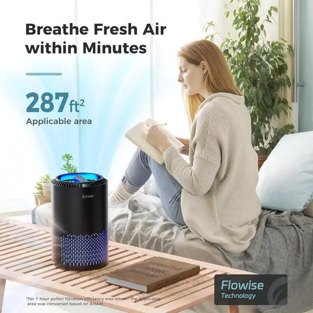 Alt view image 2 of 7 - AROEVE Air Purifiers for Bedroom Home, Air Purifier For Smoke Pollen Dander Hair Smell Air Cleaner with Sleep Mode Speed Control For Bedroom Office, MK01- Black(Available for California)