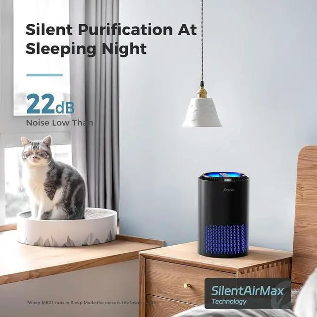 Alt view image 3 of 7 - AROEVE Air Purifiers for Bedroom Home, Air Purifier For Smoke Pollen Dander Hair Smell Air Cleaner with Sleep Mode Speed Control For Bedroom Office, MK01- Black(Available for California)