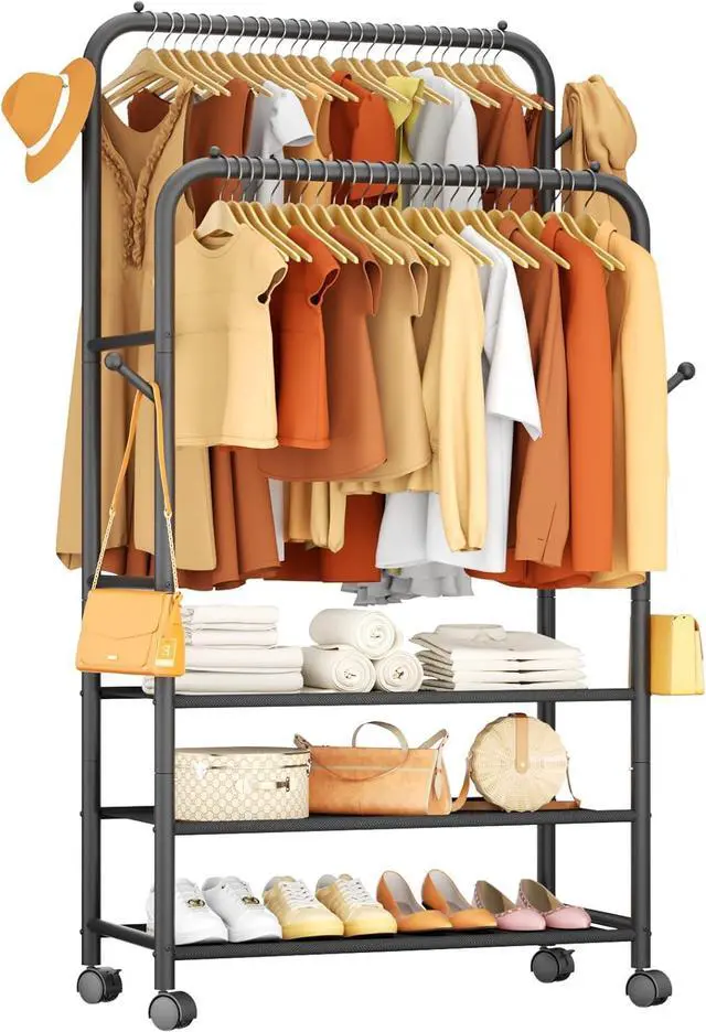 Main image of Furologee Clothes Racks for Hanging Clothes, Portable Rolling Garment Rack, Sturdy Metal Freestanding Cloths Racks with Wheels, Double Rods Wardrobe Rack for Bedroom Laundry Living Room