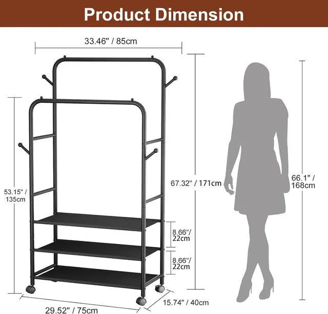 Alt view image 2 of 7 - Furologee Clothes Racks for Hanging Clothes, Portable Rolling Garment Rack, Sturdy Metal Freestanding Cloths Racks with Wheels, Double Rods Wardrobe Rack for Bedroom Laundry Living Room