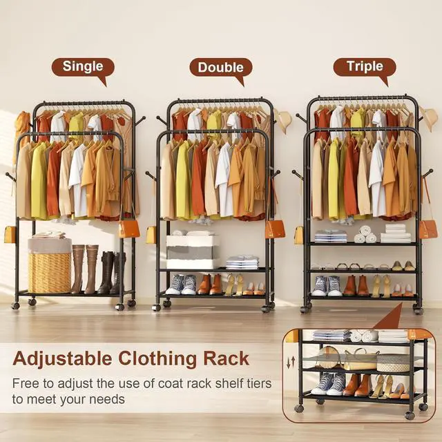 Alt view image 3 of 7 - Furologee Clothes Racks for Hanging Clothes, Portable Rolling Garment Rack, Sturdy Metal Freestanding Cloths Racks with Wheels, Double Rods Wardrobe Rack for Bedroom Laundry Living Room