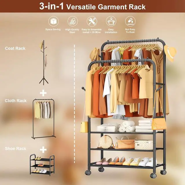 Alt view image 4 of 7 - Furologee Clothes Racks for Hanging Clothes, Portable Rolling Garment Rack, Sturdy Metal Freestanding Cloths Racks with Wheels, Double Rods Wardrobe Rack for Bedroom Laundry Living Room