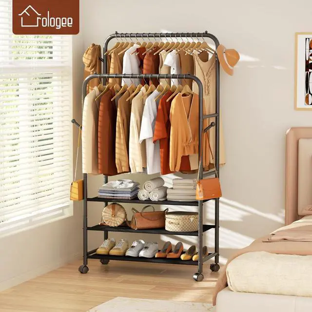 Alt view image 5 of 7 - Furologee Clothes Racks for Hanging Clothes, Portable Rolling Garment Rack, Sturdy Metal Freestanding Cloths Racks with Wheels, Double Rods Wardrobe Rack for Bedroom Laundry Living Room