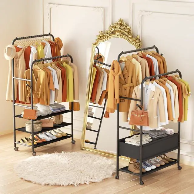 Alt view image 6 of 7 - Furologee Clothes Racks for Hanging Clothes, Portable Rolling Garment Rack, Sturdy Metal Freestanding Cloths Racks with Wheels, Double Rods Wardrobe Rack for Bedroom Laundry Living Room